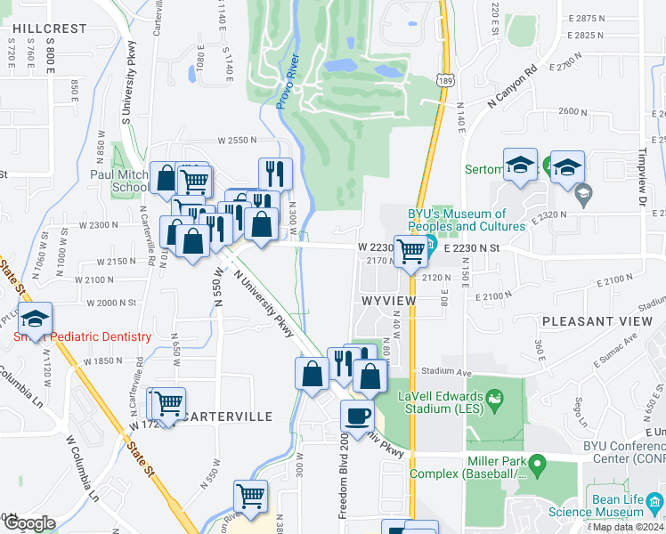 map of restaurants, bars, coffee shops, grocery stores, and more near 223 West 2230 North in Provo
