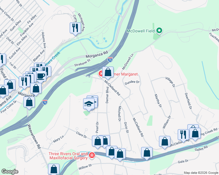 map of restaurants, bars, coffee shops, grocery stores, and more near 202 McClelland Road in Canonsburg