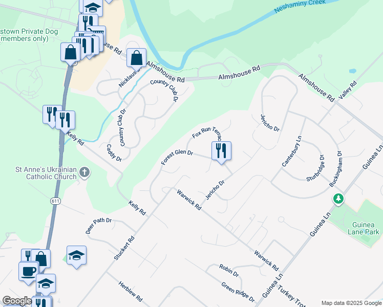 map of restaurants, bars, coffee shops, grocery stores, and more near 2242 Forest Glen Drive in Warrington