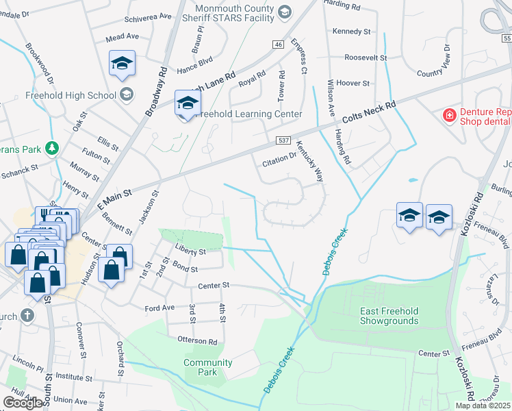 map of restaurants, bars, coffee shops, grocery stores, and more near 96 Kentucky Way in Freehold