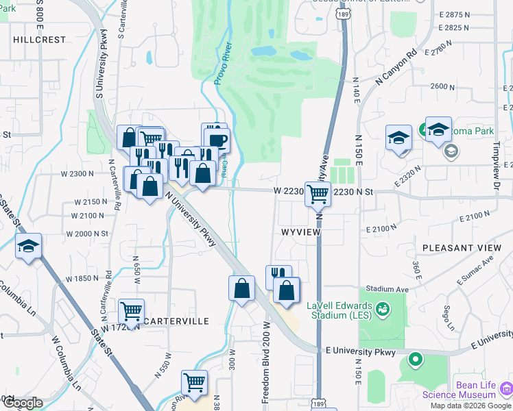 map of restaurants, bars, coffee shops, grocery stores, and more near 223 West 2230 North in Provo