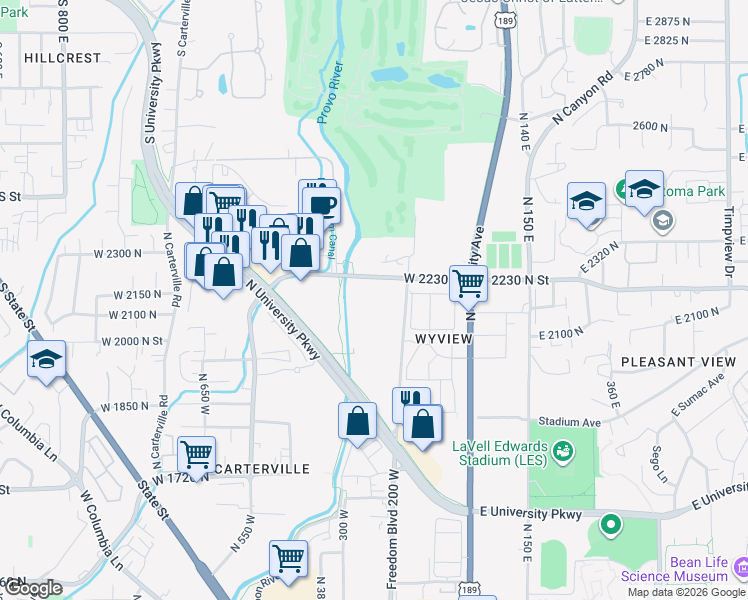 map of restaurants, bars, coffee shops, grocery stores, and more near 241 West 2230 North in Provo
