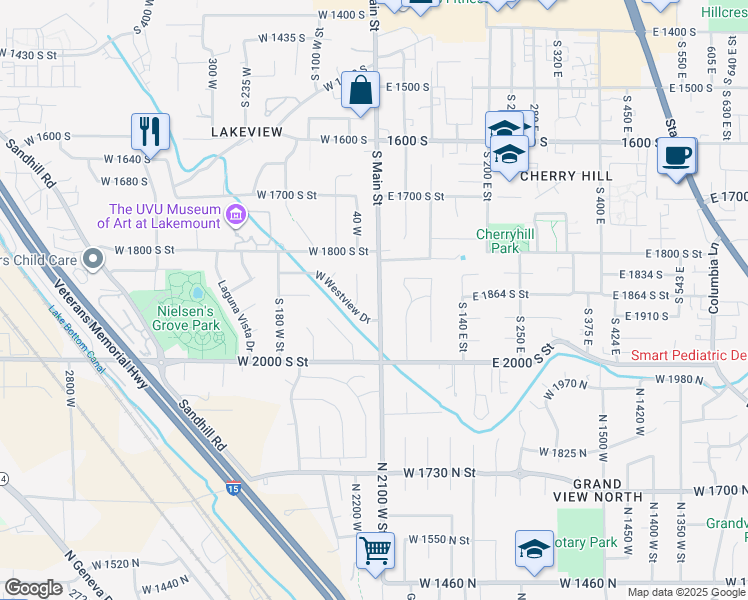 map of restaurants, bars, coffee shops, grocery stores, and more near 1888 South Main Street in Orem