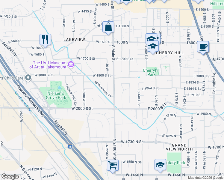 map of restaurants, bars, coffee shops, grocery stores, and more near 1888 South Main Street in Orem