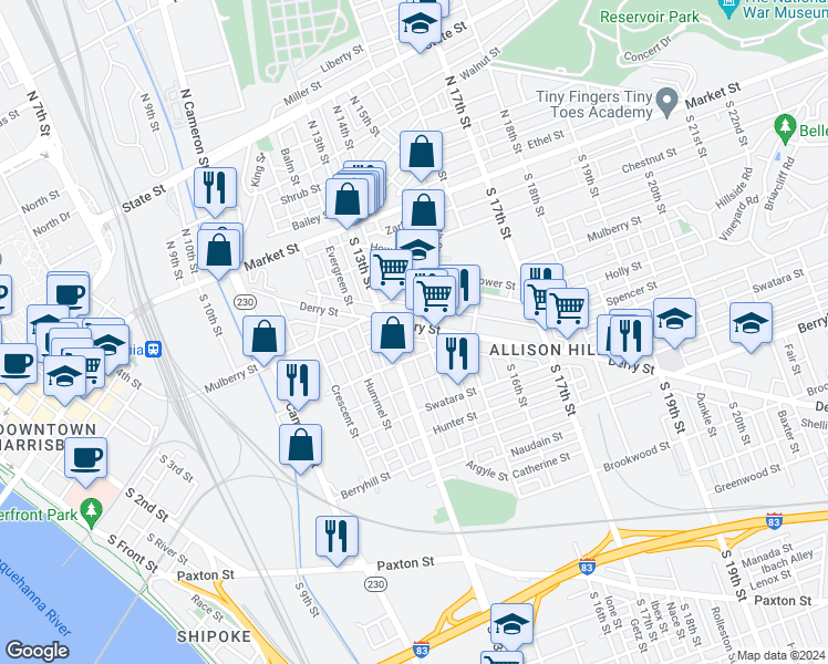 map of restaurants, bars, coffee shops, grocery stores, and more near 1333 Derry Street in Harrisburg