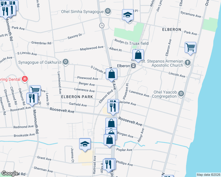 map of restaurants, bars, coffee shops, grocery stores, and more near 4 Berger Avenue in Monmouth County