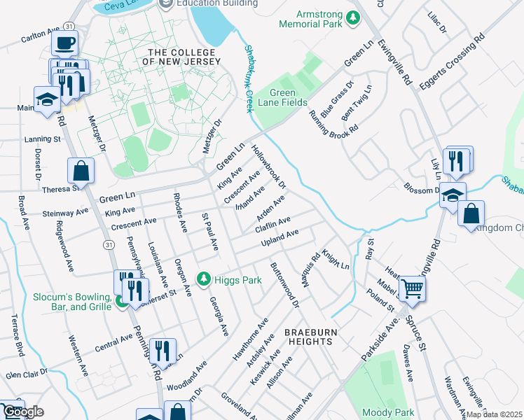 map of restaurants, bars, coffee shops, grocery stores, and more near 40 Arden Avenue in Ewing Township