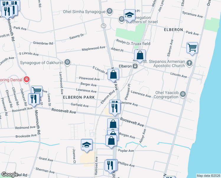 map of restaurants, bars, coffee shops, grocery stores, and more near 4 Berger Avenue in Monmouth County
