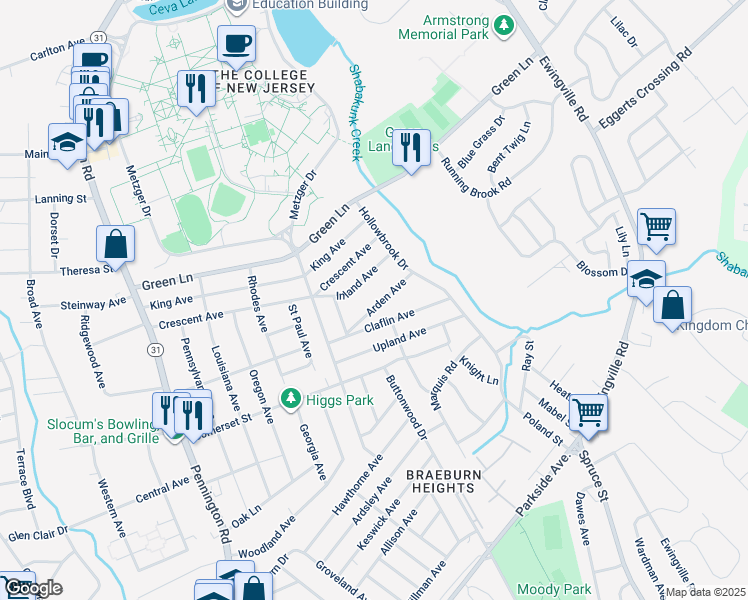 map of restaurants, bars, coffee shops, grocery stores, and more near 40 Arden Avenue in Ewing Township