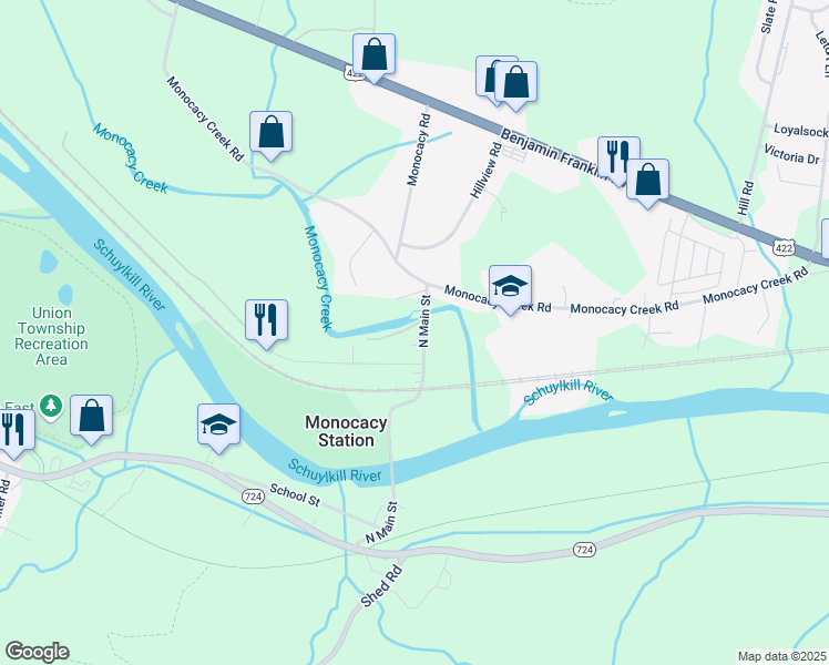 map of restaurants, bars, coffee shops, grocery stores, and more near 216 North Main Street in Douglassville