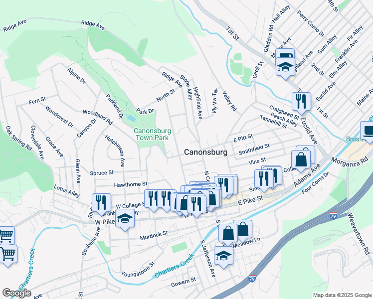 map of restaurants, bars, coffee shops, grocery stores, and more near 311 Ridge Avenue in Canonsburg