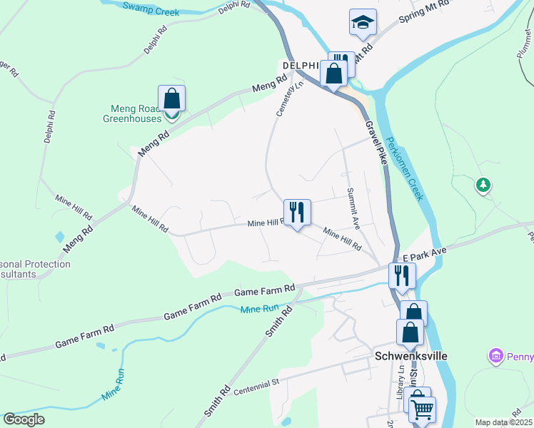 map of restaurants, bars, coffee shops, grocery stores, and more near 5 Mine Hill Road in Schwenksville