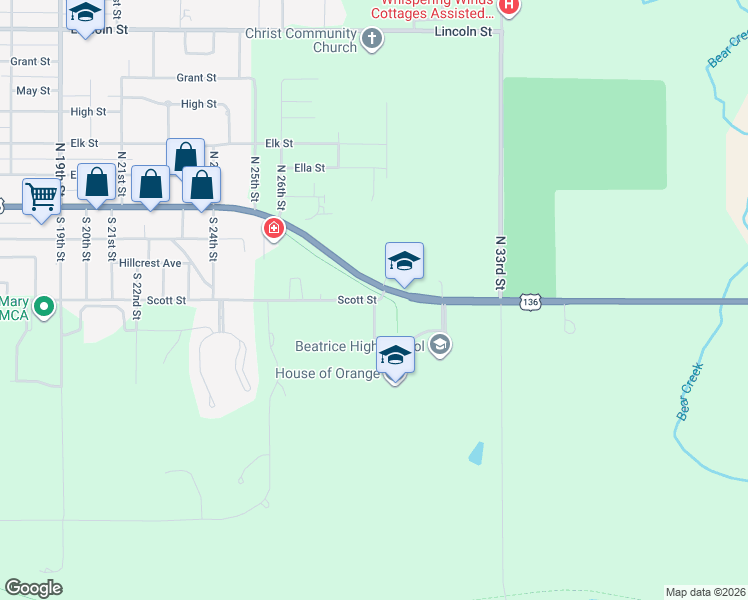 map of restaurants, bars, coffee shops, grocery stores, and more near 2707 Scott Street in Beatrice