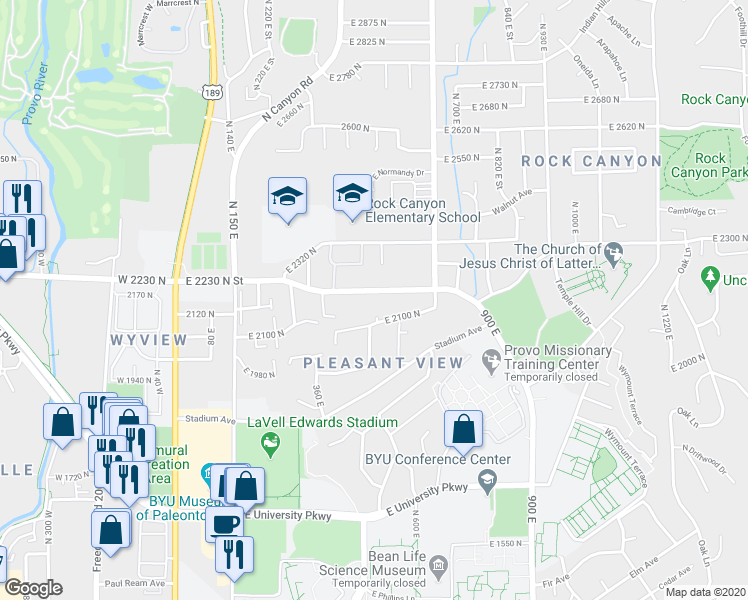map of restaurants, bars, coffee shops, grocery stores, and more near 510 East 2200 North in Provo