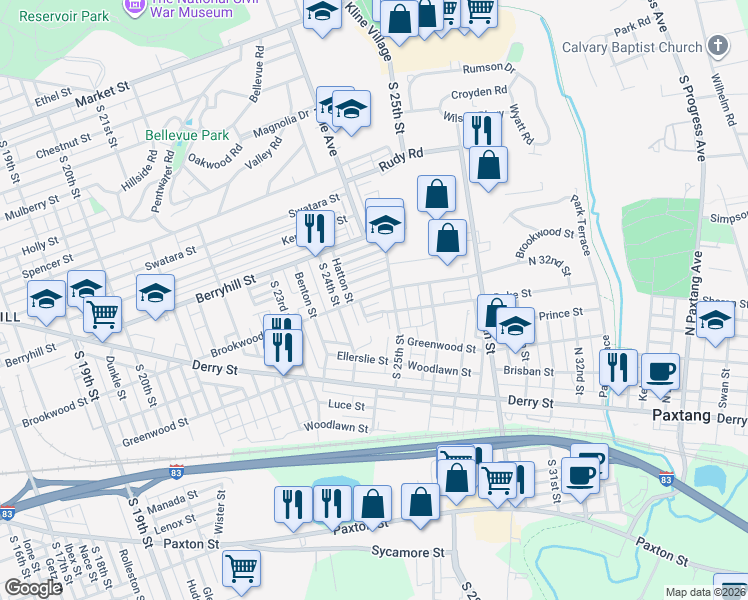 map of restaurants, bars, coffee shops, grocery stores, and more near 2452 Brookwood Street in Harrisburg