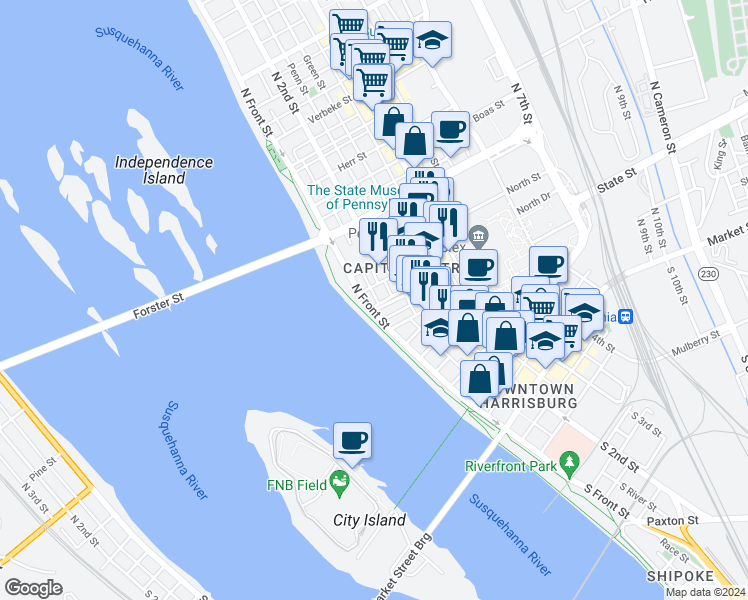 map of restaurants, bars, coffee shops, grocery stores, and more near 104 State Street in Harrisburg