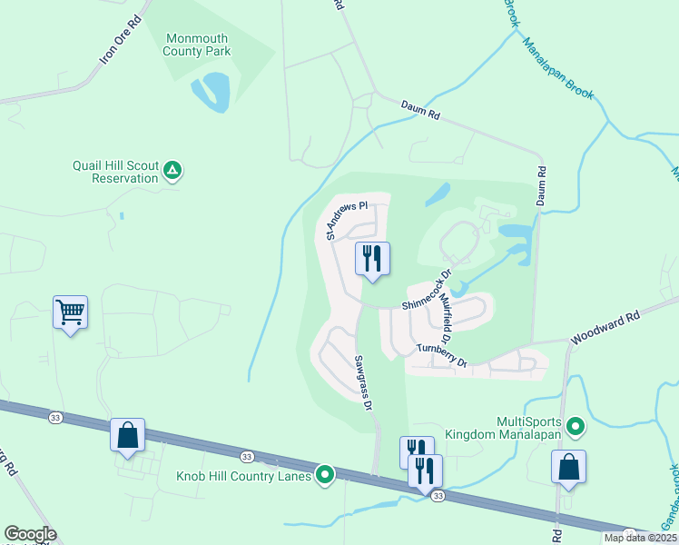 map of restaurants, bars, coffee shops, grocery stores, and more near 568 Saint Andrews Place in Englishtown