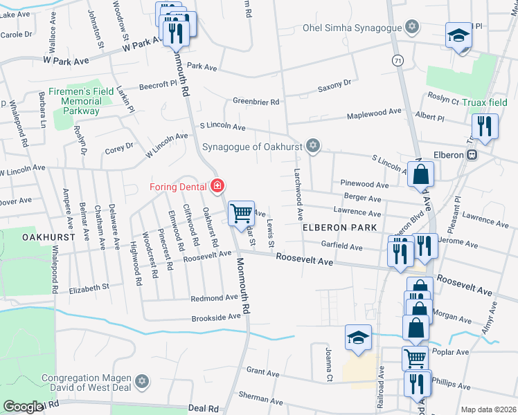 map of restaurants, bars, coffee shops, grocery stores, and more near 203 Lewis Street in Monmouth County