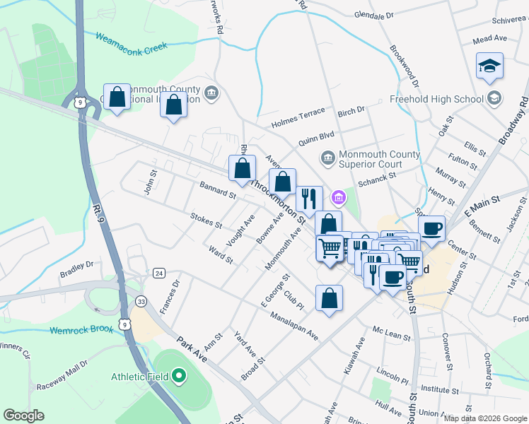 map of restaurants, bars, coffee shops, grocery stores, and more near 2 Vought Avenue in Freehold