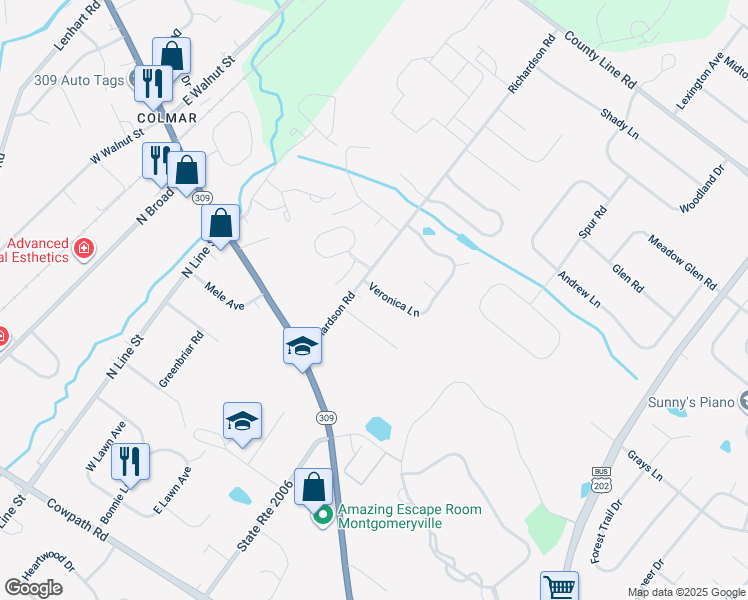 map of restaurants, bars, coffee shops, grocery stores, and more near 102 Veronica Lane in Lansdale