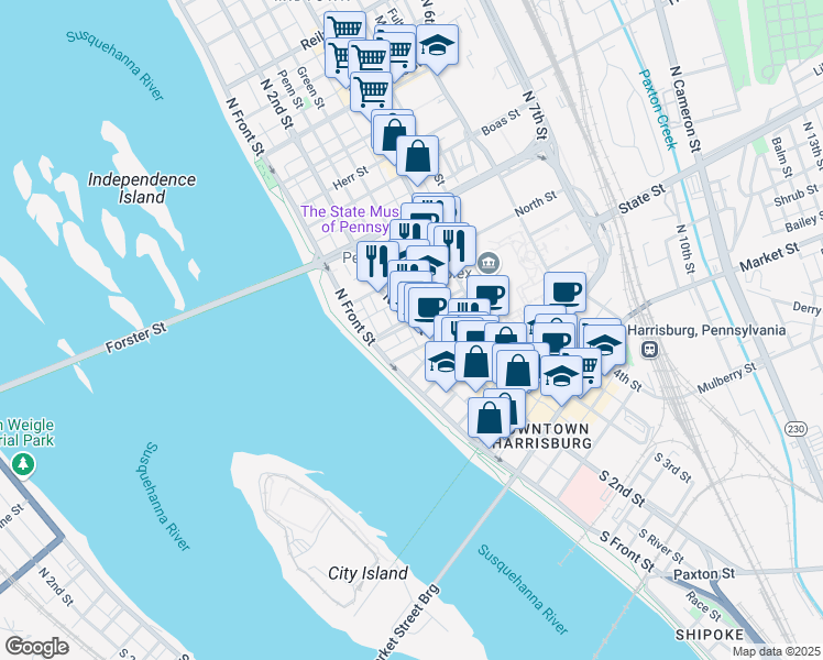 map of restaurants, bars, coffee shops, grocery stores, and more near 131 State Street in Harrisburg
