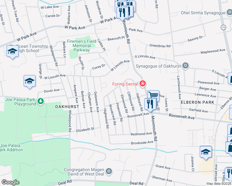 map of restaurants, bars, coffee shops, grocery stores, and more near 453 Harnell Avenue in Ocean Township