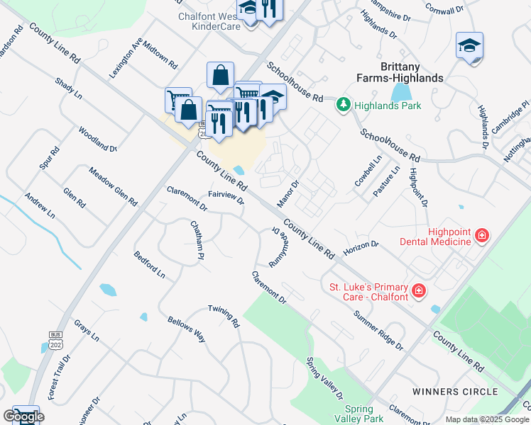 map of restaurants, bars, coffee shops, grocery stores, and more near 400 County Line Road in Chalfont