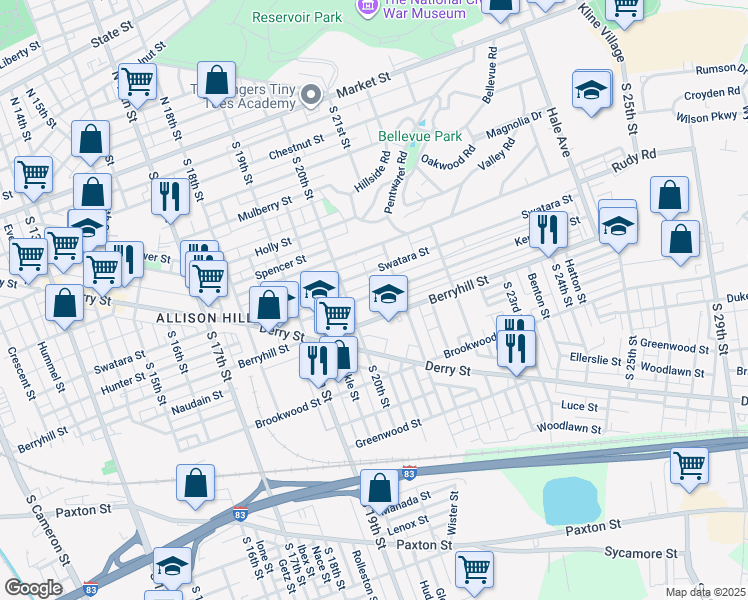 map of restaurants, bars, coffee shops, grocery stores, and more near 2027 Kensington Street in Harrisburg