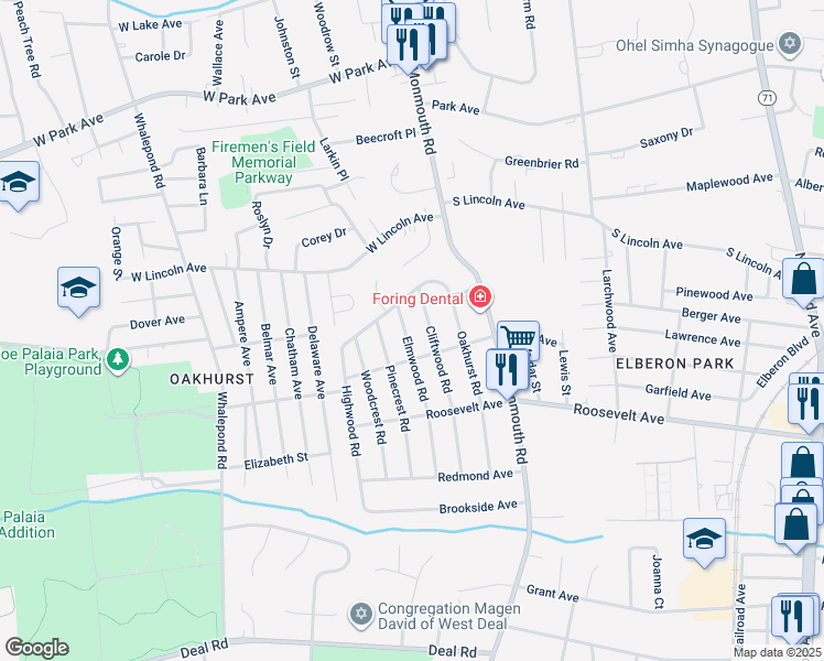 map of restaurants, bars, coffee shops, grocery stores, and more near 185 Elmwood Road in Monmouth County