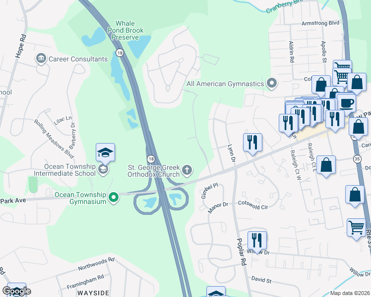 map of restaurants, bars, coffee shops, grocery stores, and more near 20 Hidden Meadows Drive in Asbury Park