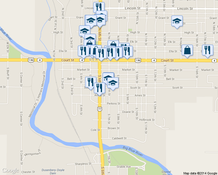 map of restaurants, bars, coffee shops, grocery stores, and more near 323 South 7th Street in Beatrice