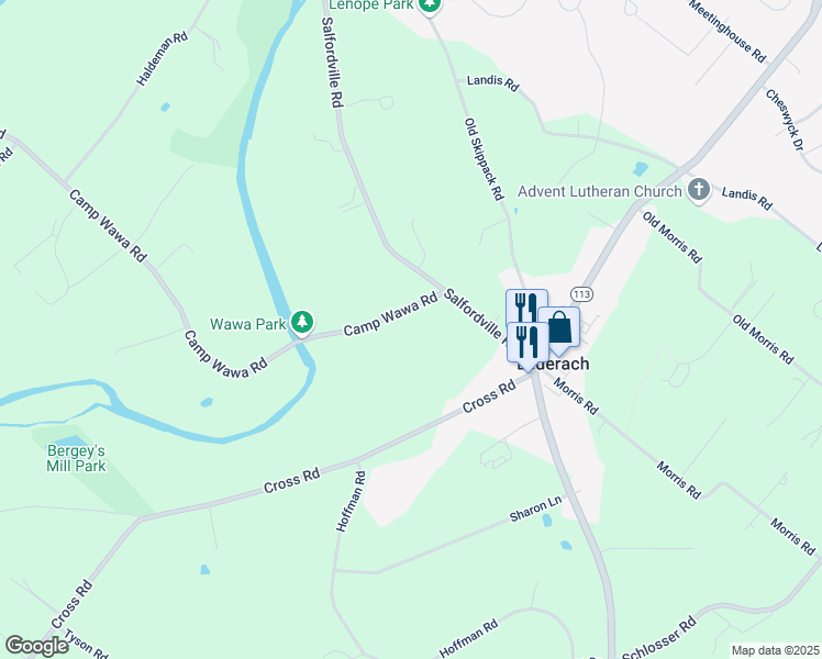 map of restaurants, bars, coffee shops, grocery stores, and more near 570 Camp Wawa Road in Schwenksville