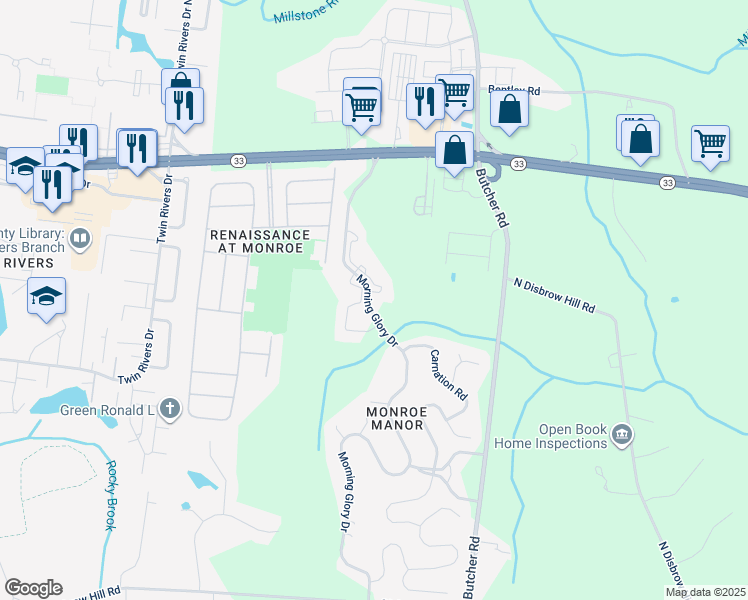 map of restaurants, bars, coffee shops, grocery stores, and more near 1184 Morning Glory Drive in Monroe Township