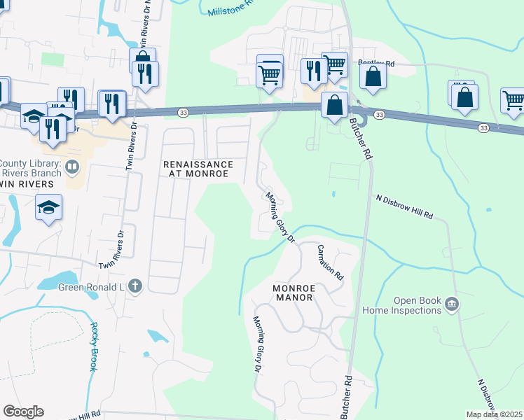 map of restaurants, bars, coffee shops, grocery stores, and more near 1049 Morning Glory Drive in Monroe Township