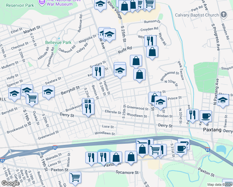 map of restaurants, bars, coffee shops, grocery stores, and more near 2452 Brookwood Street in Harrisburg