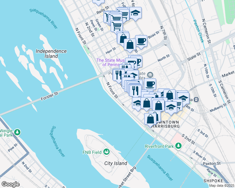 map of restaurants, bars, coffee shops, grocery stores, and more near 106 State Street in Harrisburg