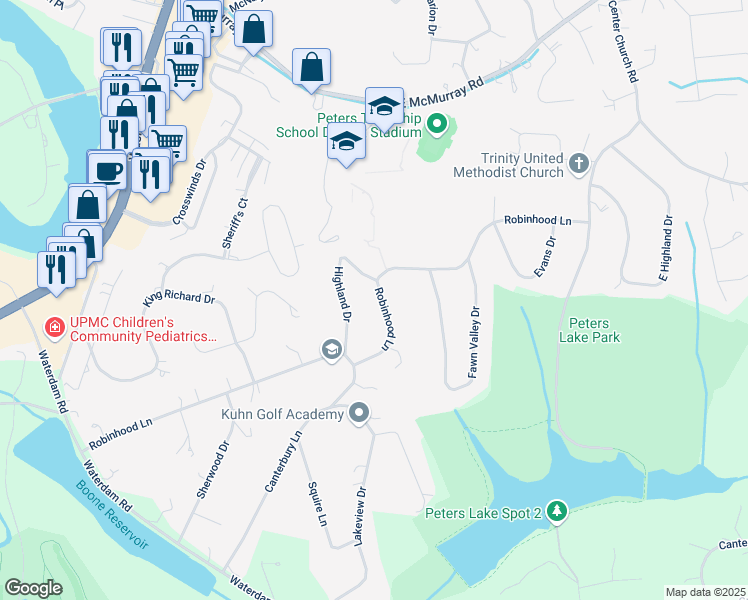 map of restaurants, bars, coffee shops, grocery stores, and more near 435 Robinhood Lane in Canonsburg