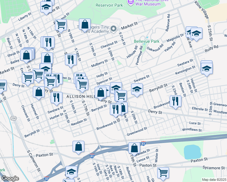map of restaurants, bars, coffee shops, grocery stores, and more near 1917 Swatara Street in Harrisburg