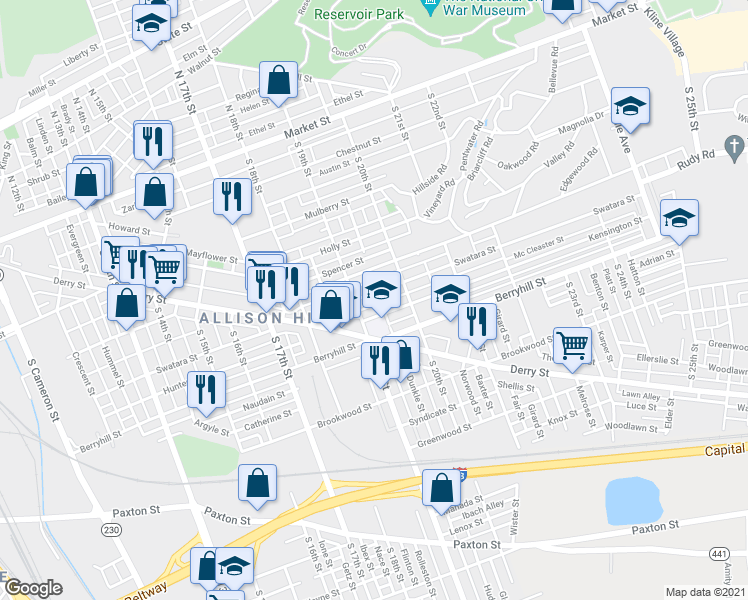 map of restaurants, bars, coffee shops, grocery stores, and more near 1919 Swatara Street in Harrisburg