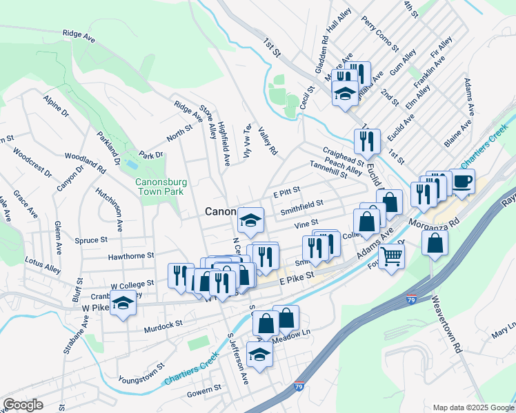 map of restaurants, bars, coffee shops, grocery stores, and more near 413 Greenside Avenue in Canonsburg