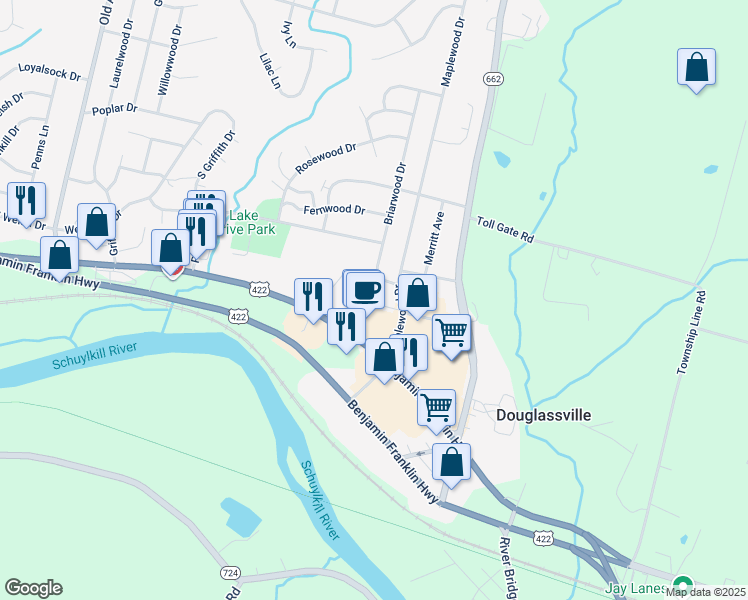 map of restaurants, bars, coffee shops, grocery stores, and more near 6 Maplewood Court in Douglassville