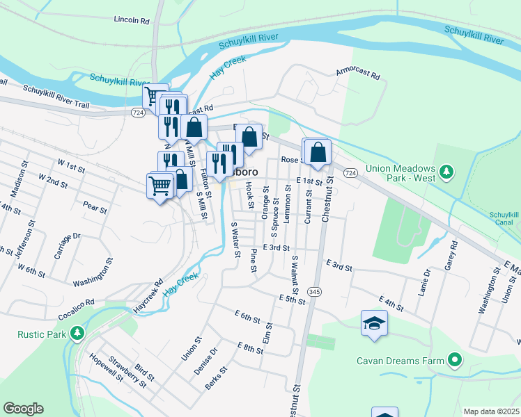 map of restaurants, bars, coffee shops, grocery stores, and more near 519 East 2nd Street in Birdsboro