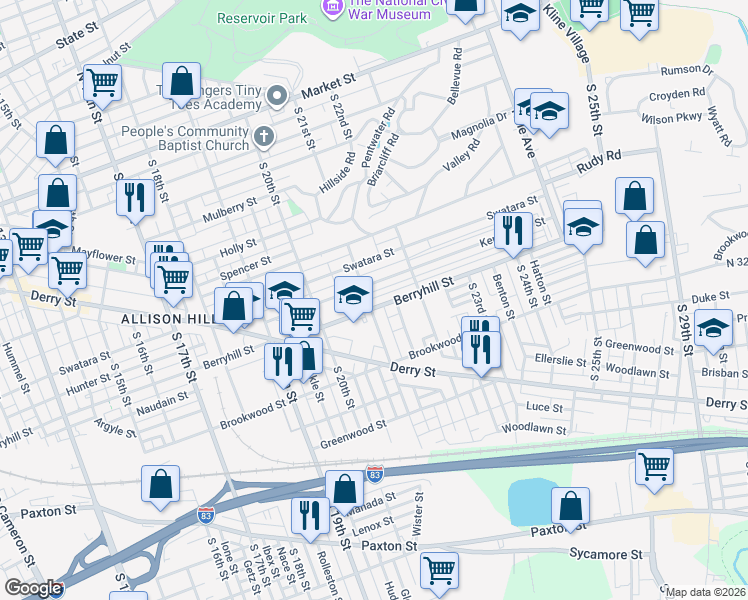 map of restaurants, bars, coffee shops, grocery stores, and more near 450 South 21st Street in Harrisburg