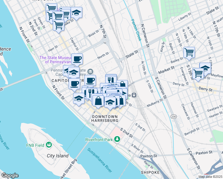 map of restaurants, bars, coffee shops, grocery stores, and more near 403 Walnut Street in Harrisburg