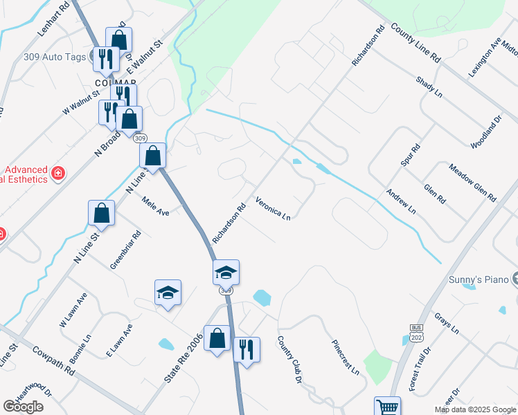 map of restaurants, bars, coffee shops, grocery stores, and more near 102 Veronica Lane in Lansdale