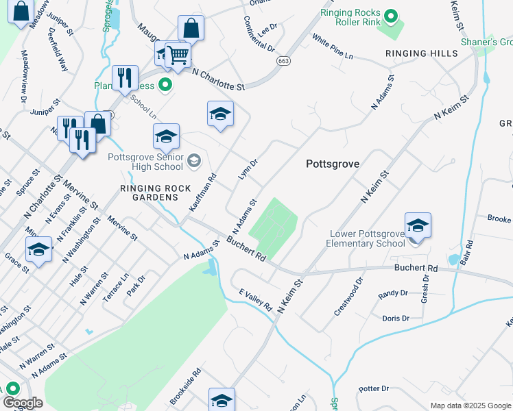 map of restaurants, bars, coffee shops, grocery stores, and more near 1302 North Adams Street in Pottstown