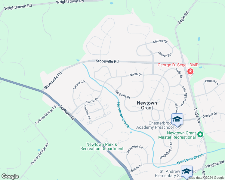 map of restaurants, bars, coffee shops, grocery stores, and more near 23 Sequoia Drive in Newtown