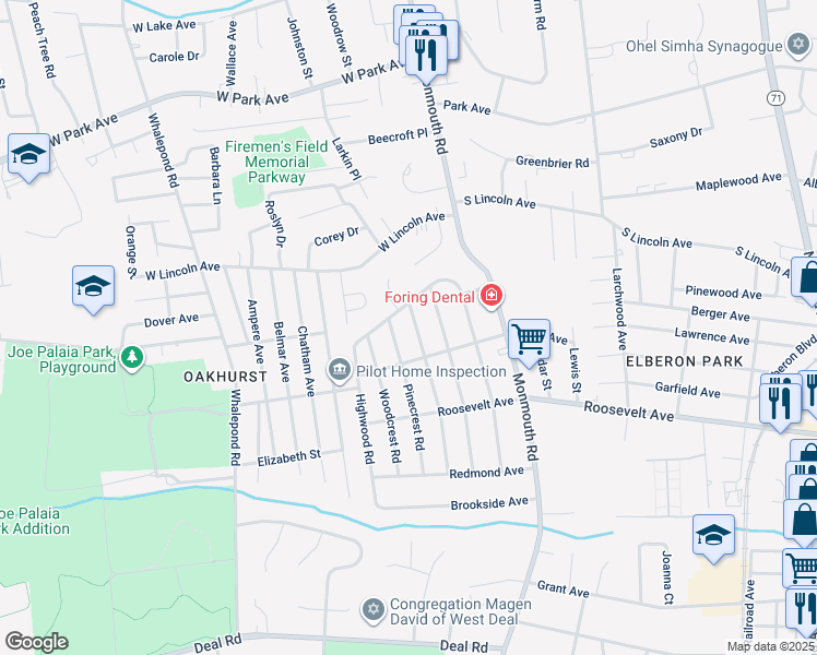 map of restaurants, bars, coffee shops, grocery stores, and more near 186 Elmwood Road in Monmouth County