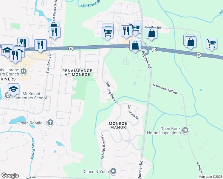 map of restaurants, bars, coffee shops, grocery stores, and more near 1184 Morning Glory Drive in Monroe Township