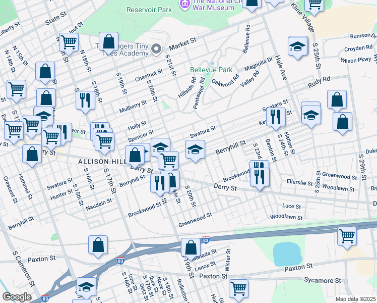 map of restaurants, bars, coffee shops, grocery stores, and more near 2027 Kensington Street in Harrisburg